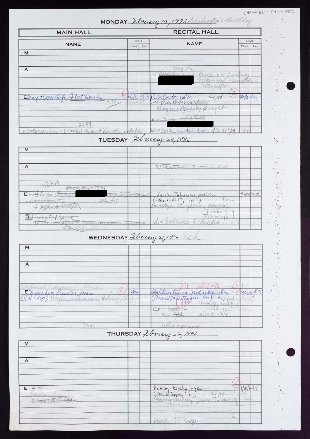 Carnegie Hall Booking Ledger, volume 41, page 52