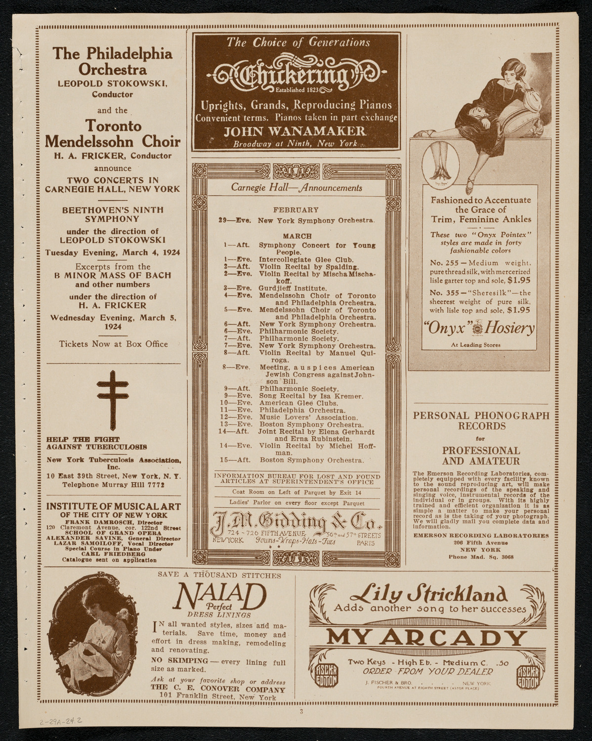 New York Philharmonic, February 29, 1924, program page 3