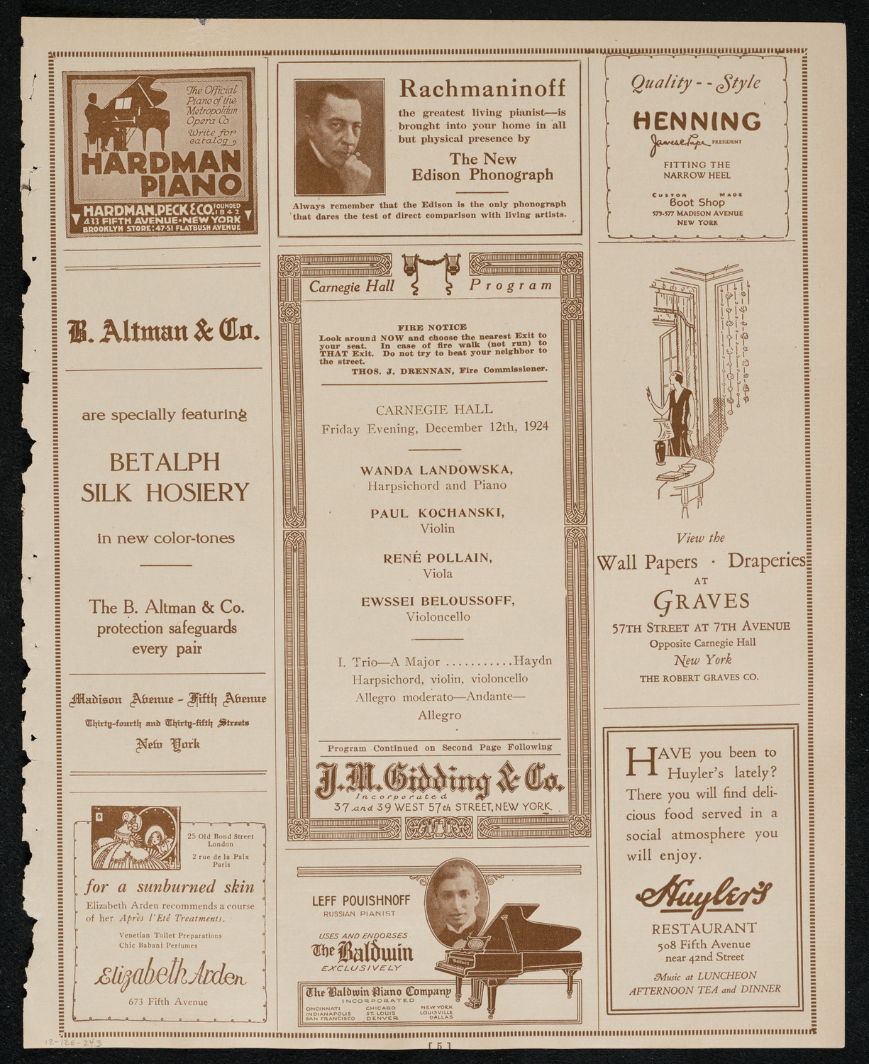 Wanda Landowska, Paul Kochanski, Rene Pollain, and Evsei Beloussoff, December 12, 1924, program page 5