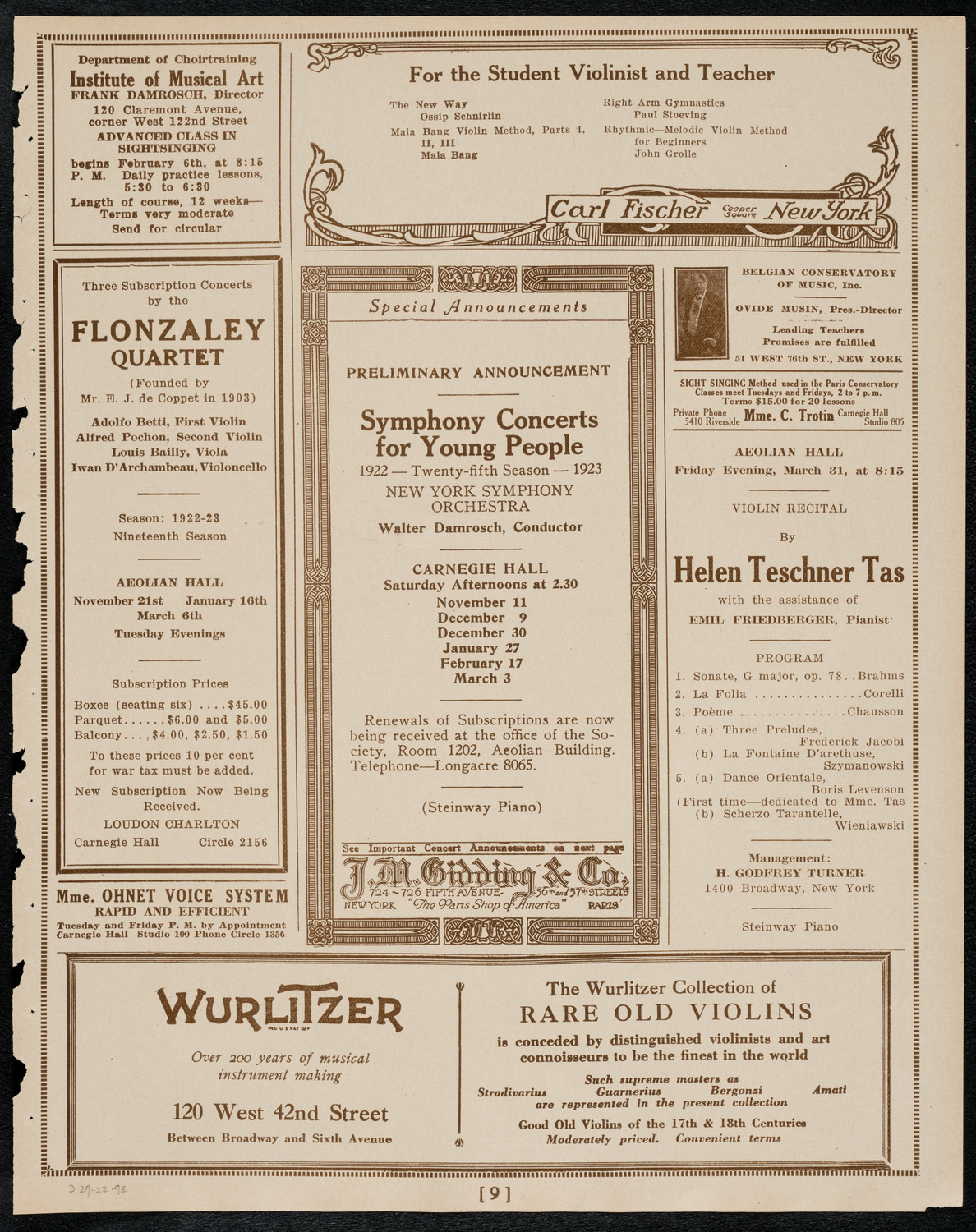 Schola Cantorum of New York, March 29, 1922, program page 9