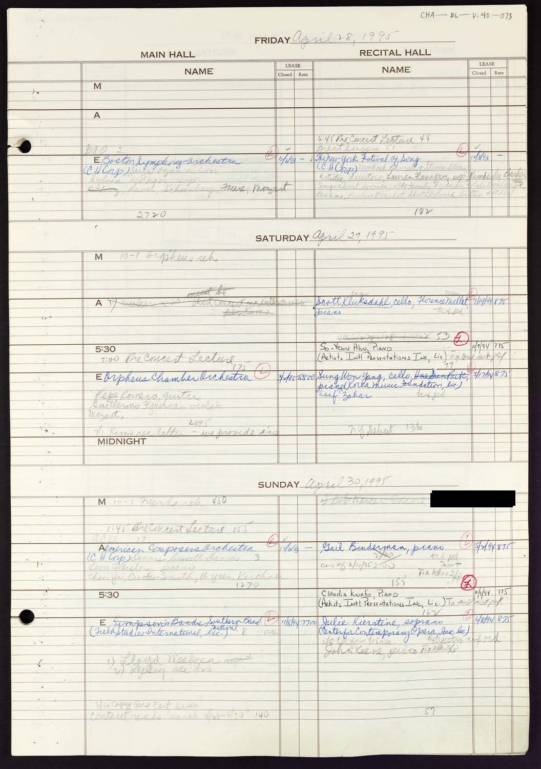 Carnegie Hall Booking Ledger, volume 40, page 73