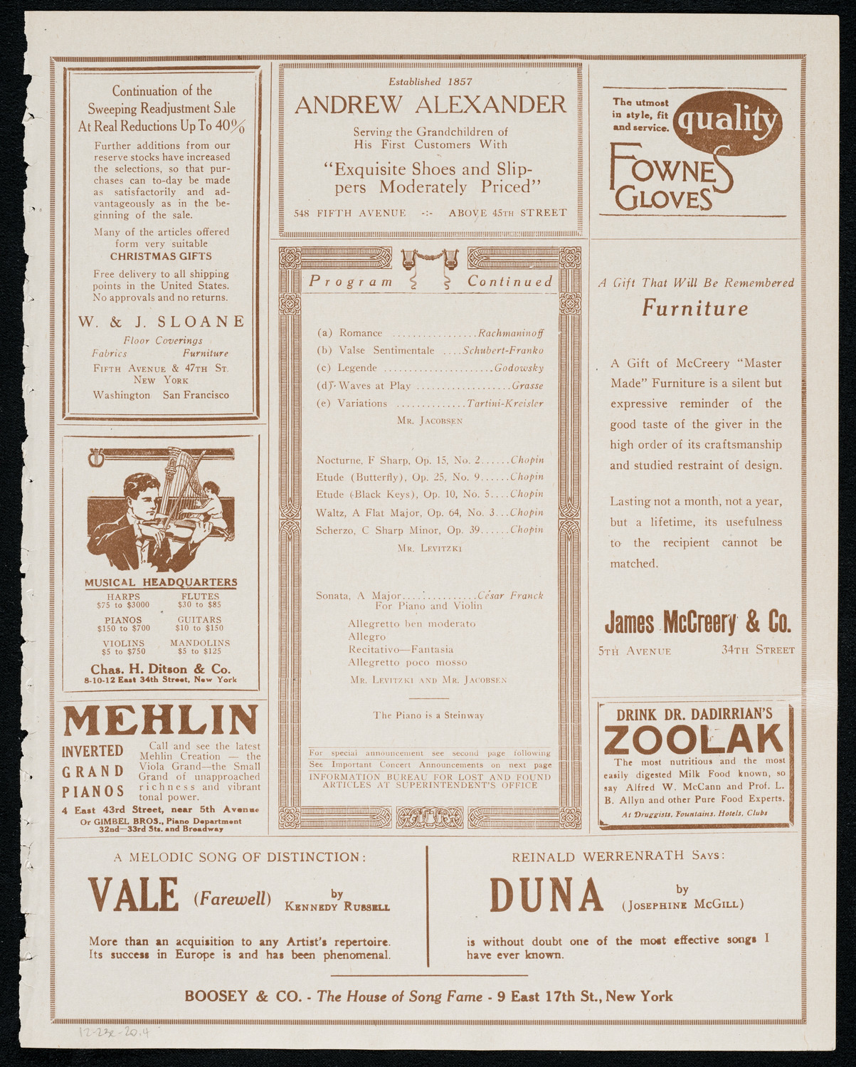 Mischa Levitzki, Piano and Sascha Jacobsen, Violin, December 23, 1920, program page 7