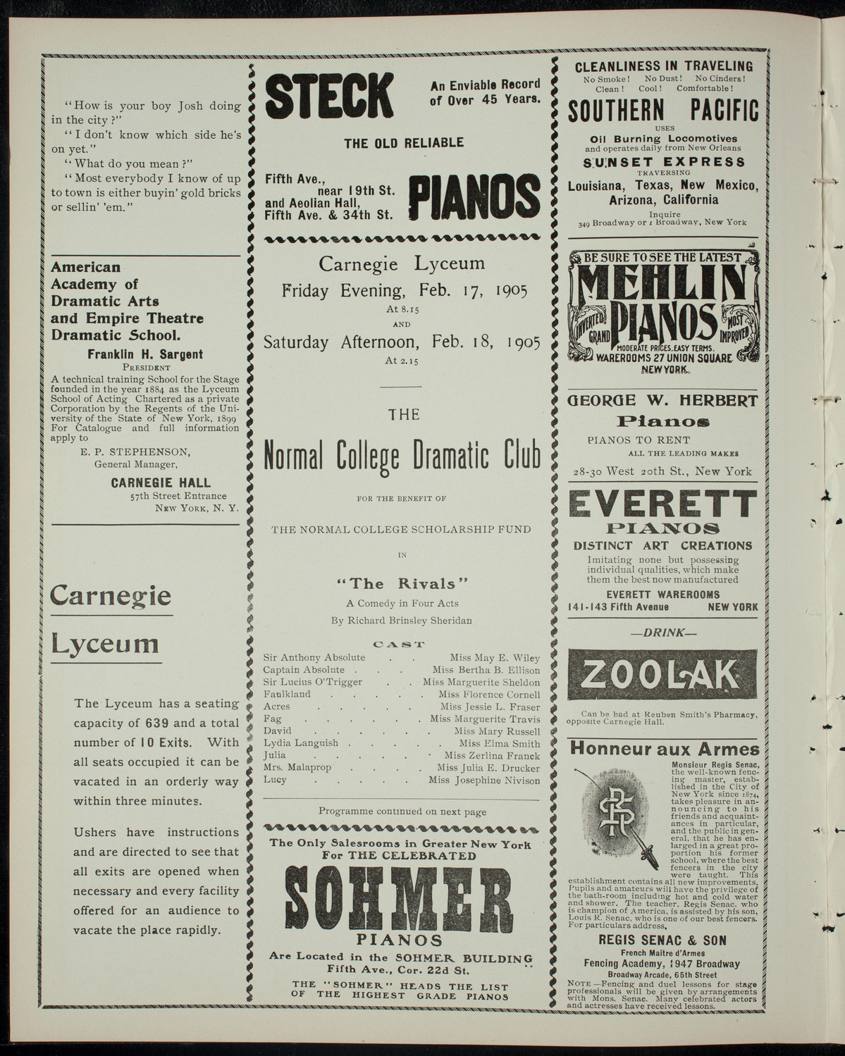 Normal College Dramatic Club, February 17, 1905, program page 2