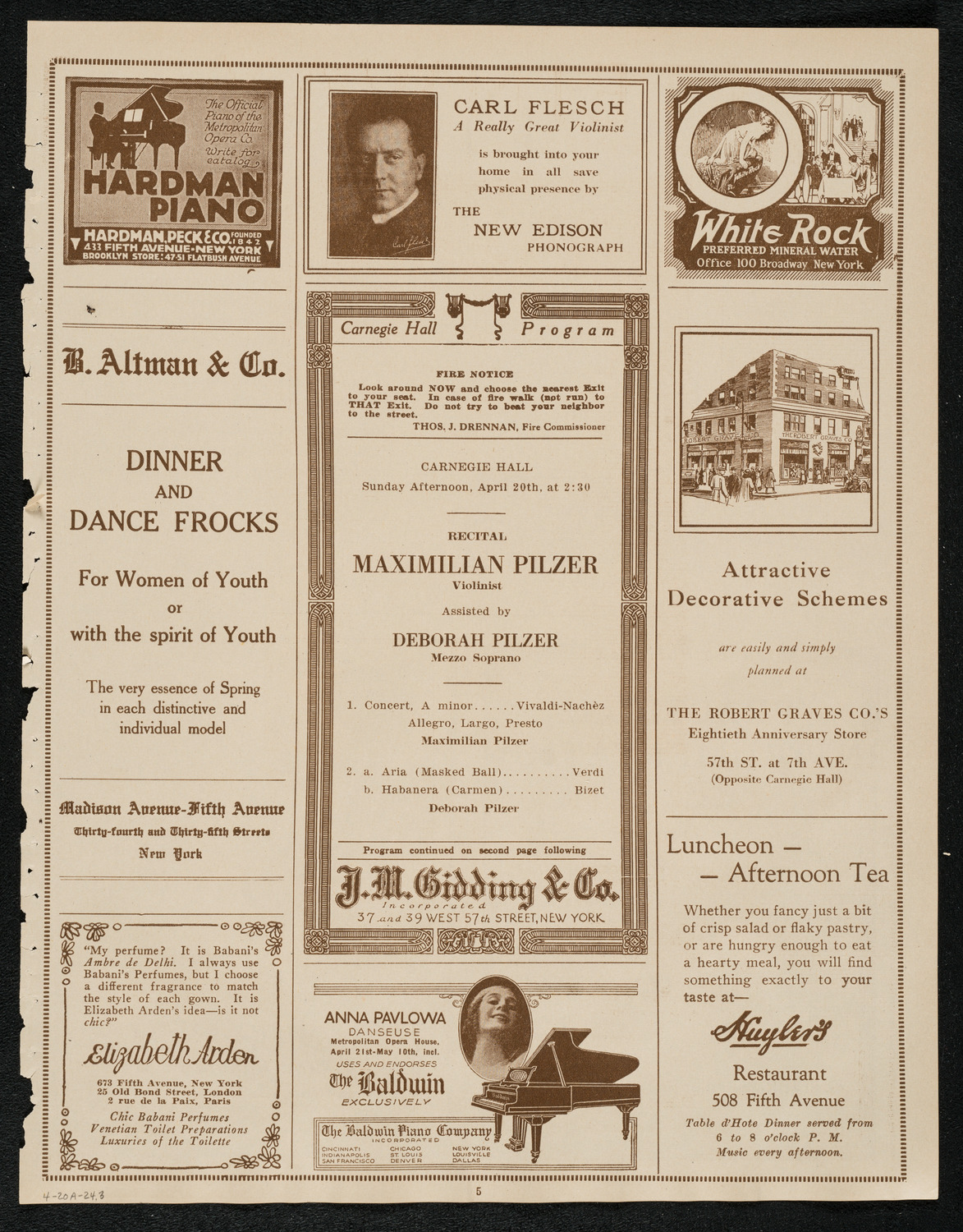 Maximilian Pilzer, Violin, assisted by Deborah Pilzer, Mezzo-Soprano, April 20, 1924, program page 5