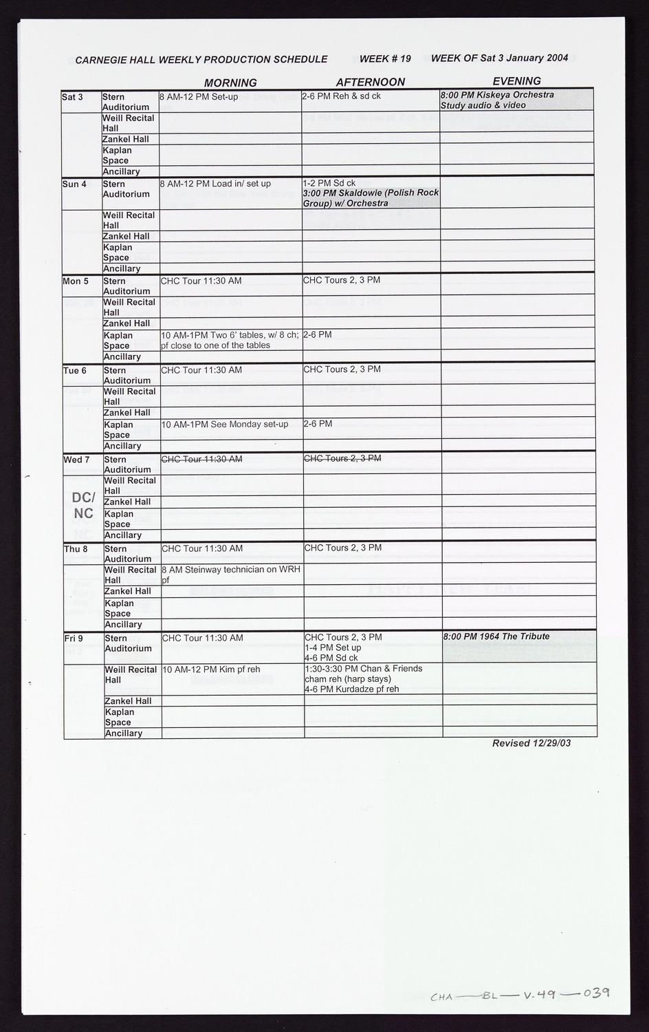 Carnegie Hall Booking Ledger, volume 49, page 39a