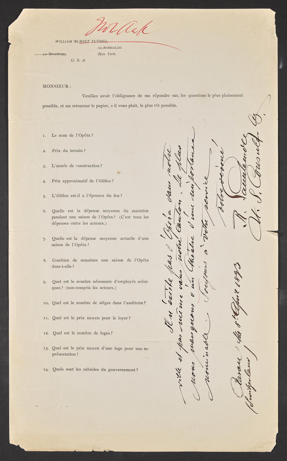 Questionnaire to Aarau Theater, April 8, 1893