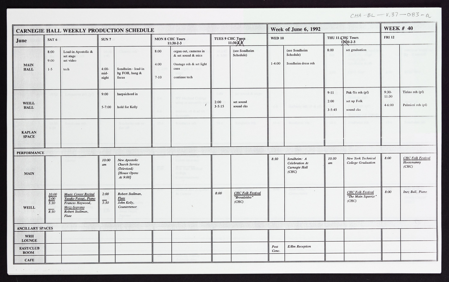 Carnegie Hall Booking Ledger, volume 37, page 83a