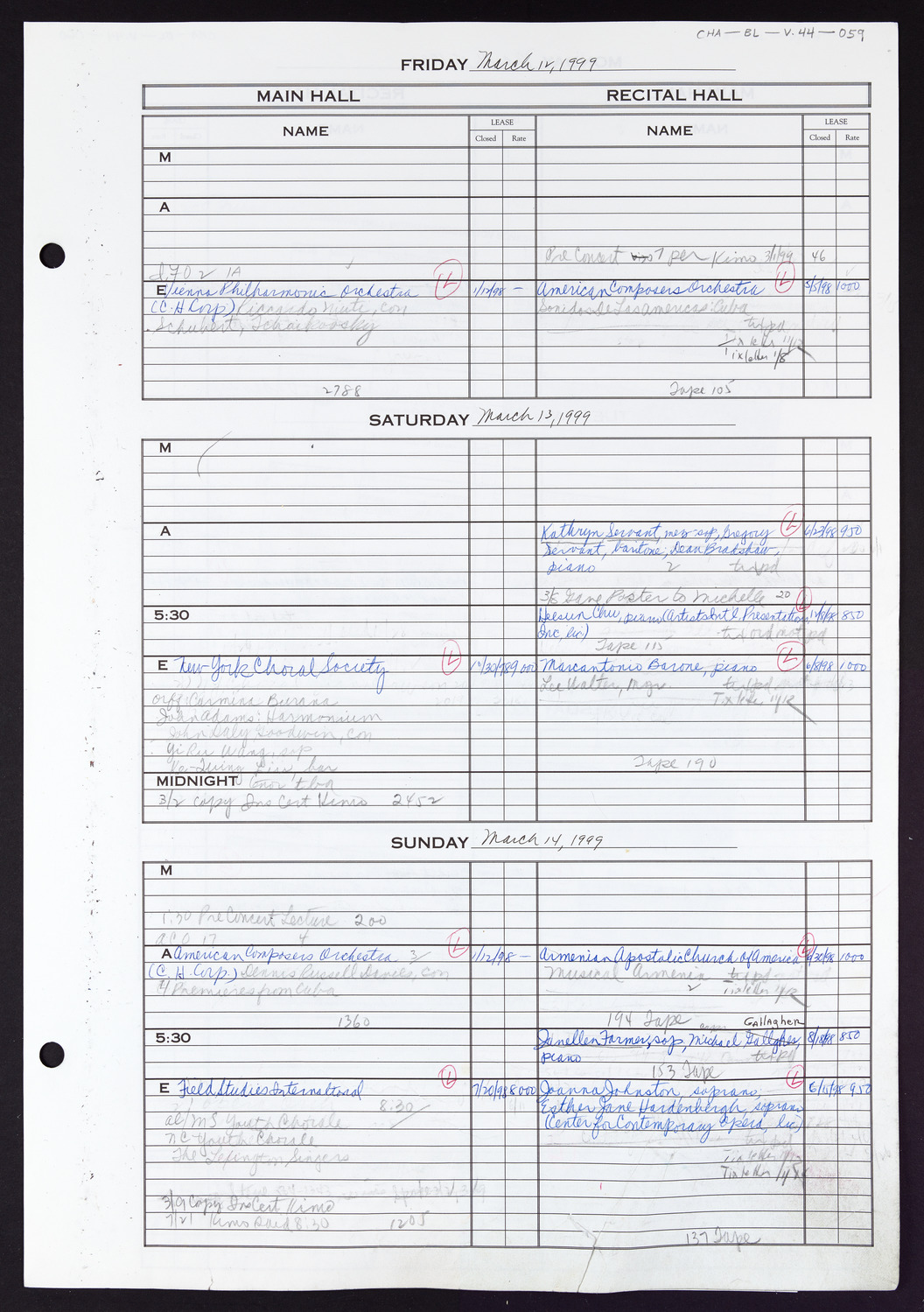 Carnegie Hall Booking Ledger, volume 44, page 59