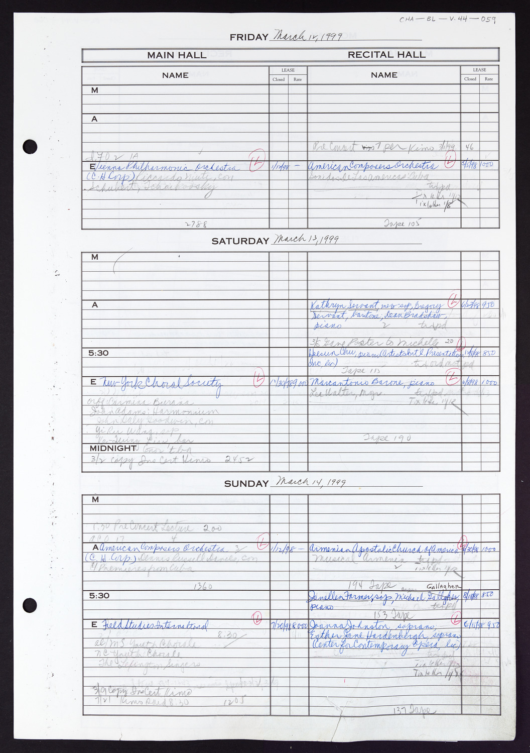 Carnegie Hall Booking Ledger, volume 44, page 59