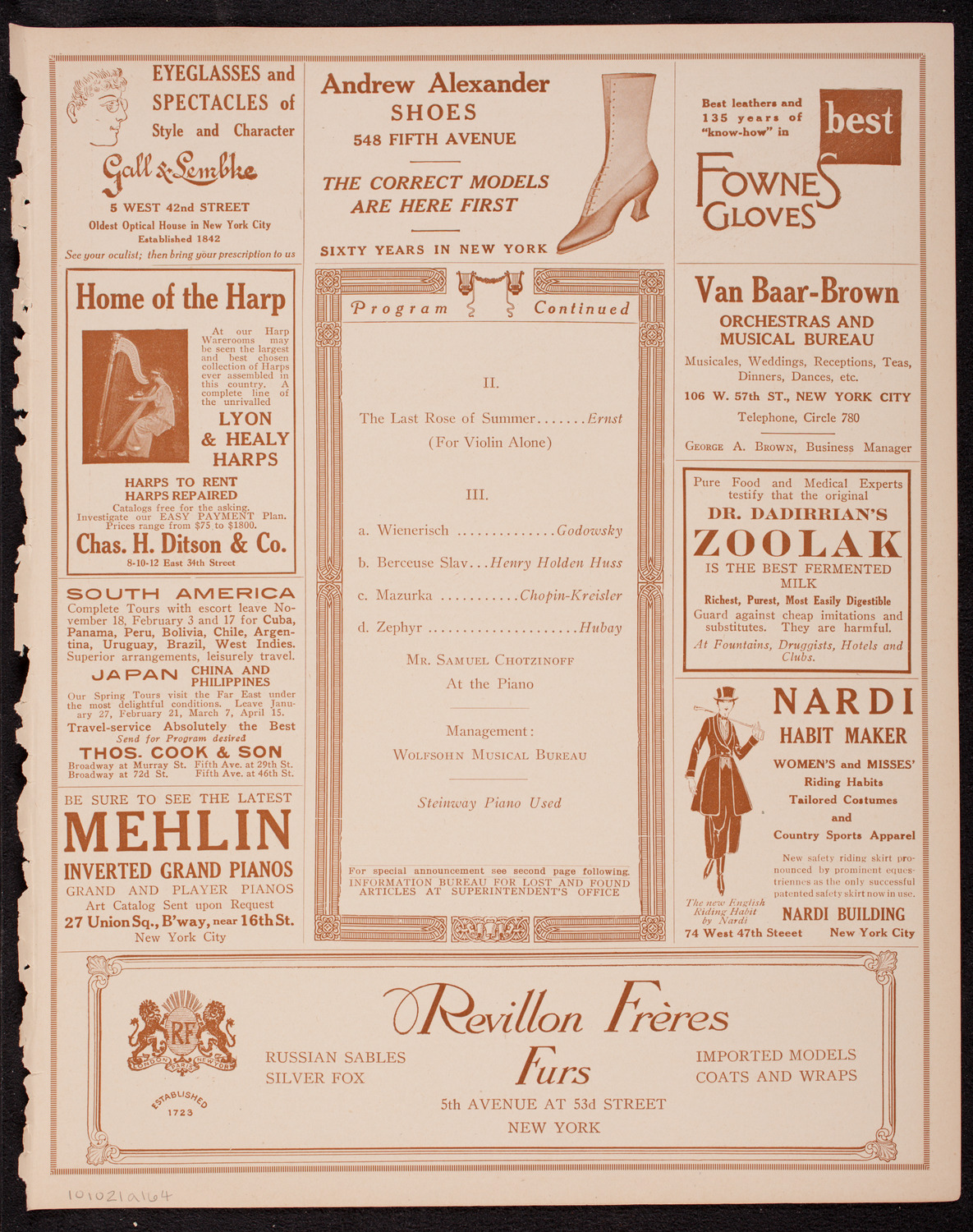 Efrem Zimbalist, Violin, October 21, 1916, program page 7