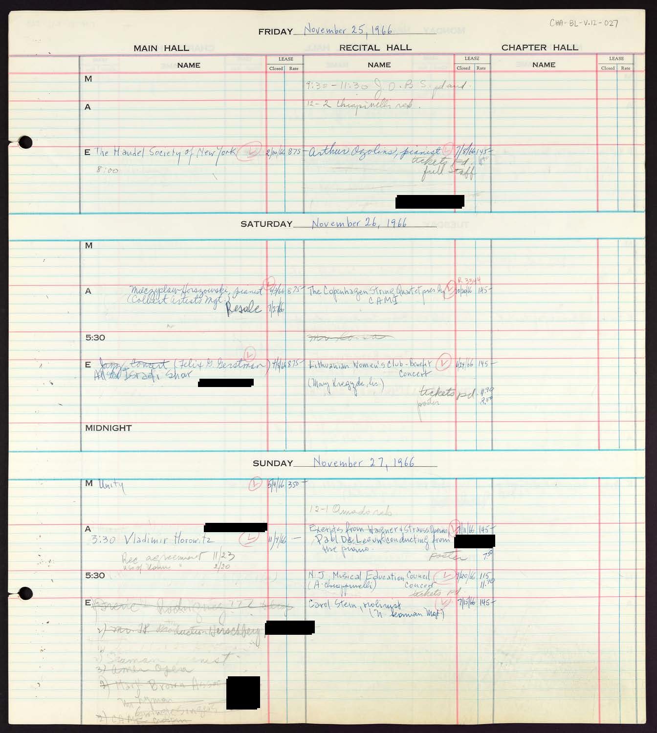 Carnegie Hall Booking Ledger, volume 12, page 27