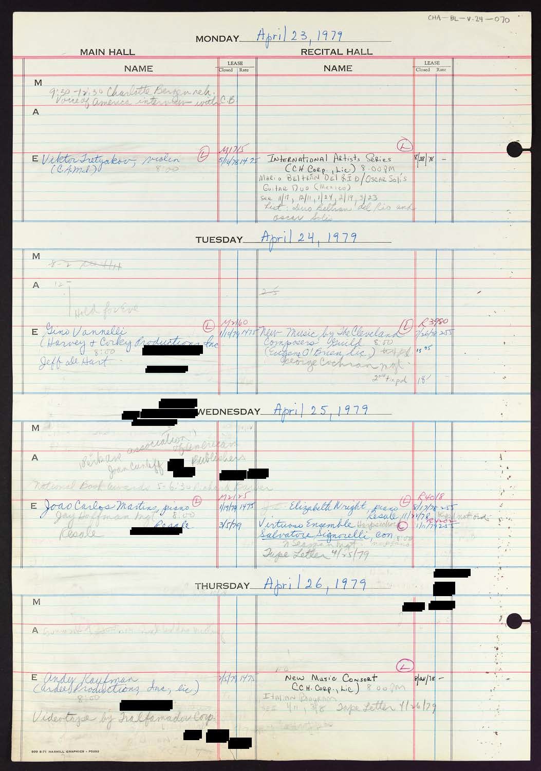 Carnegie Hall Booking Ledger, volume 24, page 70