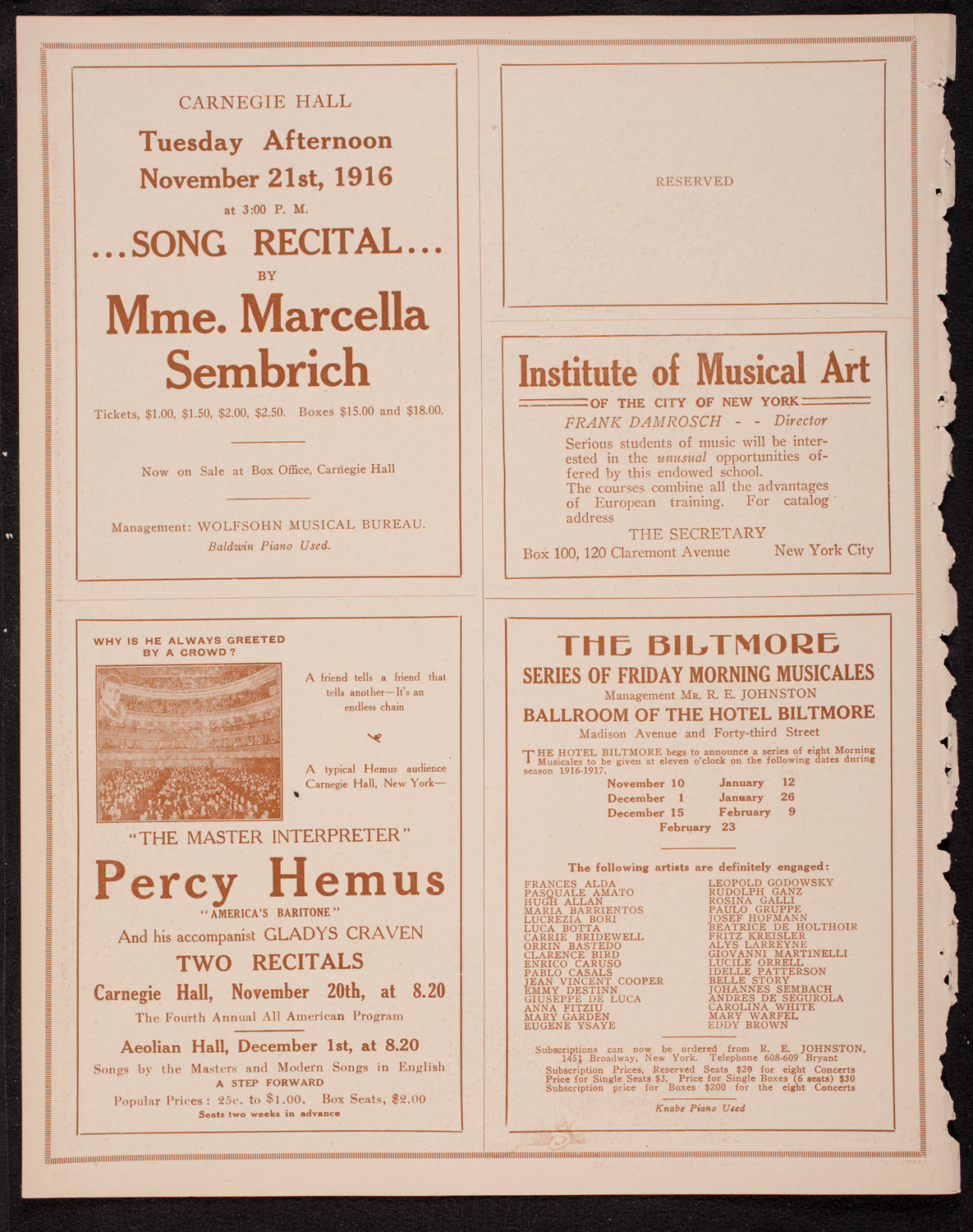 New York Philharmonic, November 9, 1916, program page 2