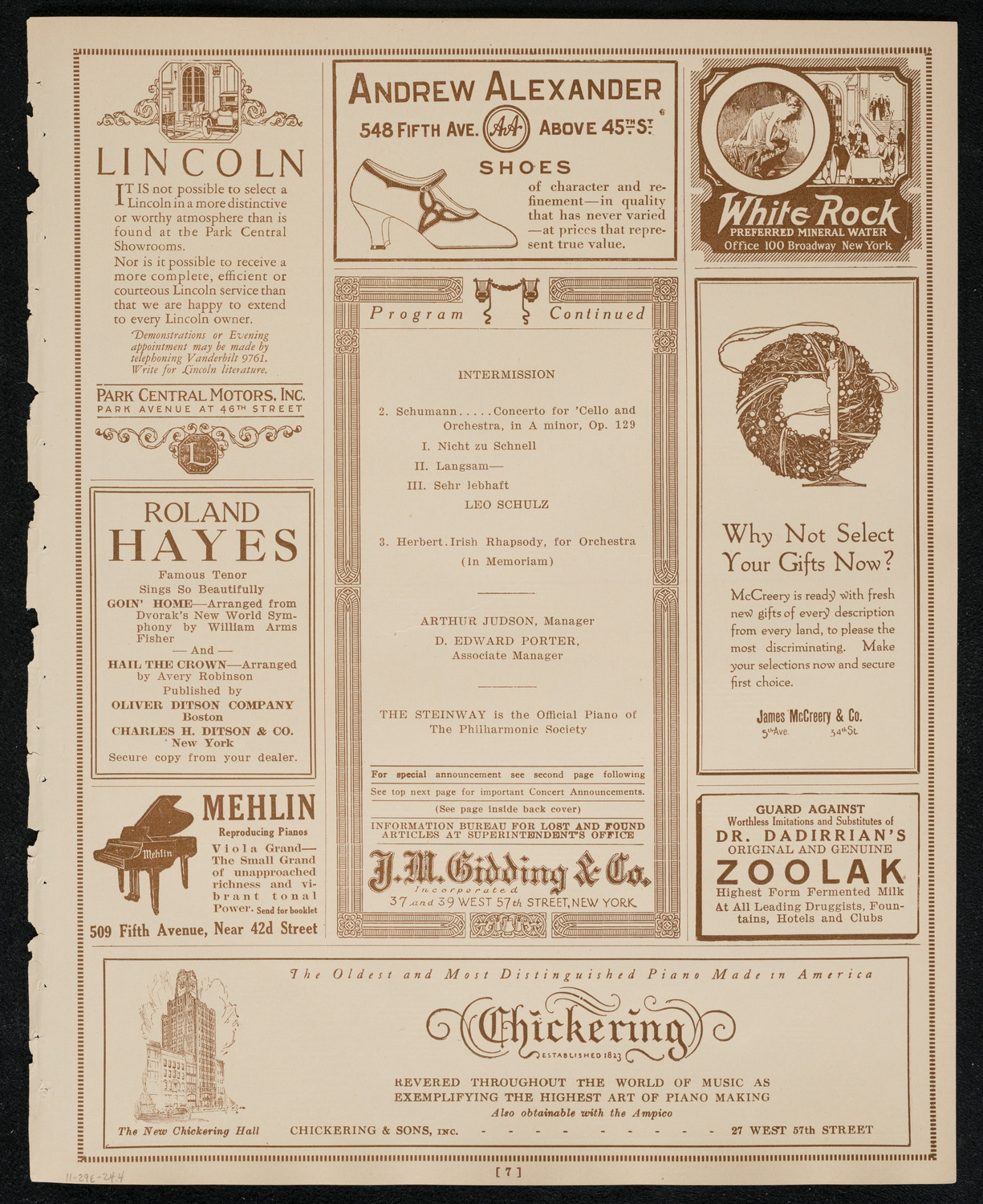 New York Philharmonic, November 29, 1924, program page 7