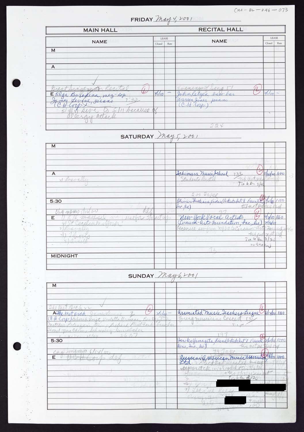 Carnegie Hall Booking Ledger, volume 46, page 73