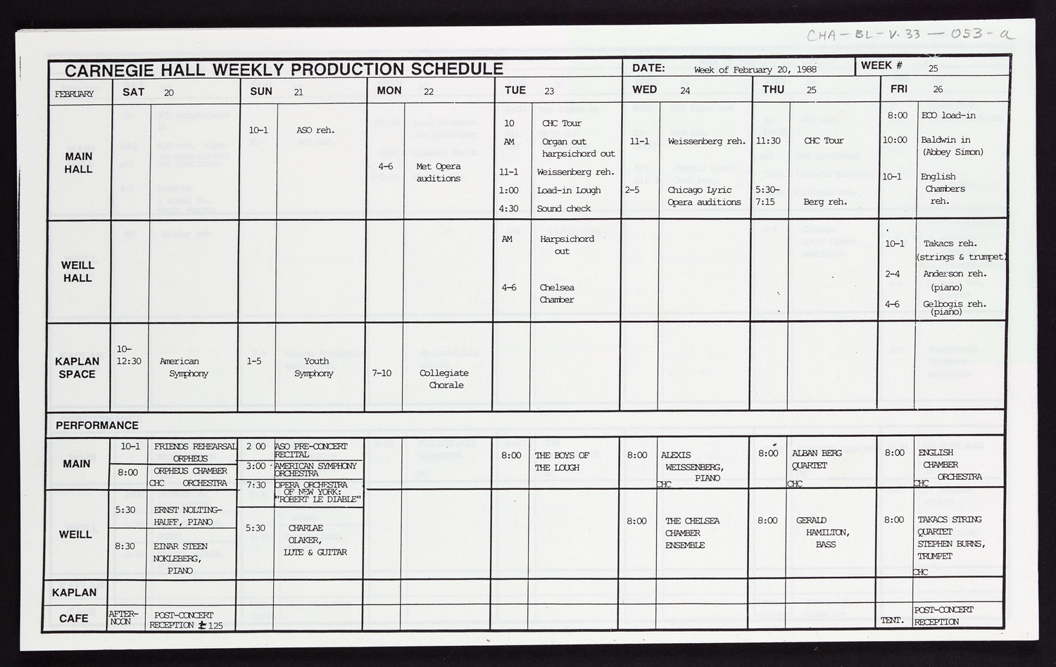 Carnegie Hall Booking Ledger, volume 33, page 53a