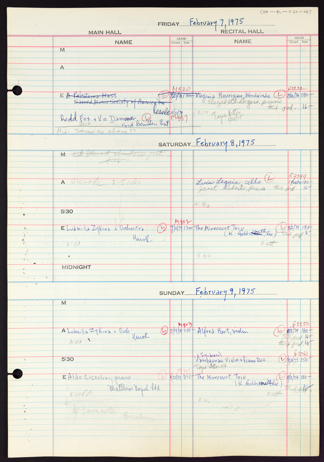 Carnegie Hall Booking Ledger, volume 20, page 47