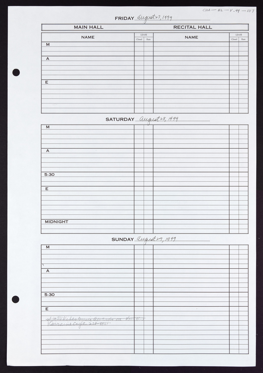 Carnegie Hall Booking Ledger, volume 44, page 107