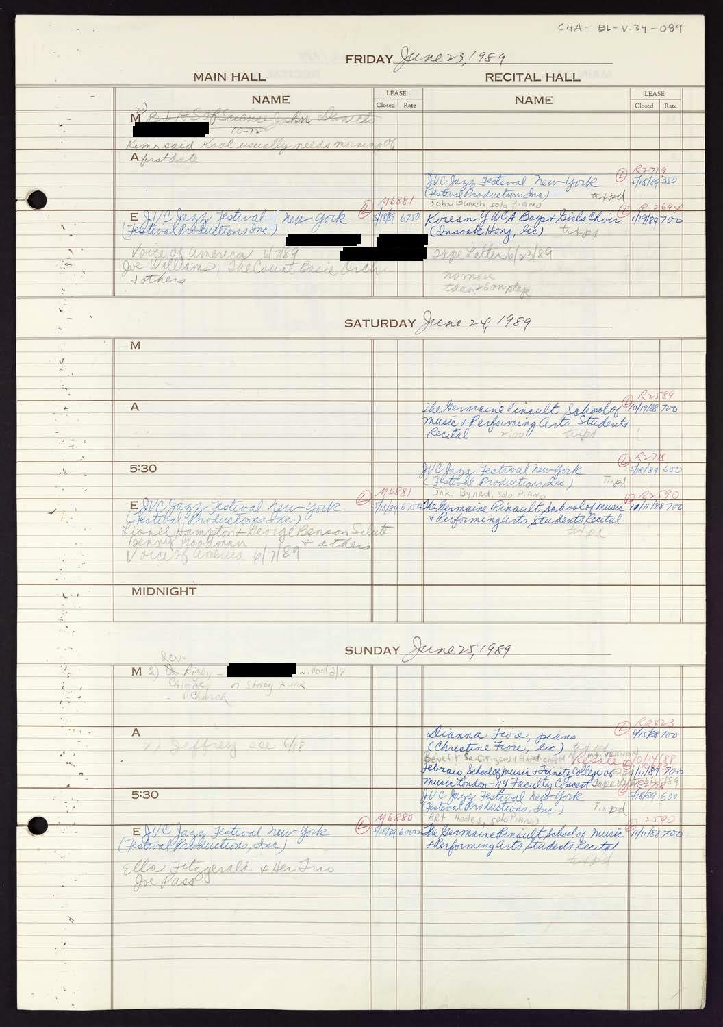 Carnegie Hall Booking Ledger, volume 34, page 89