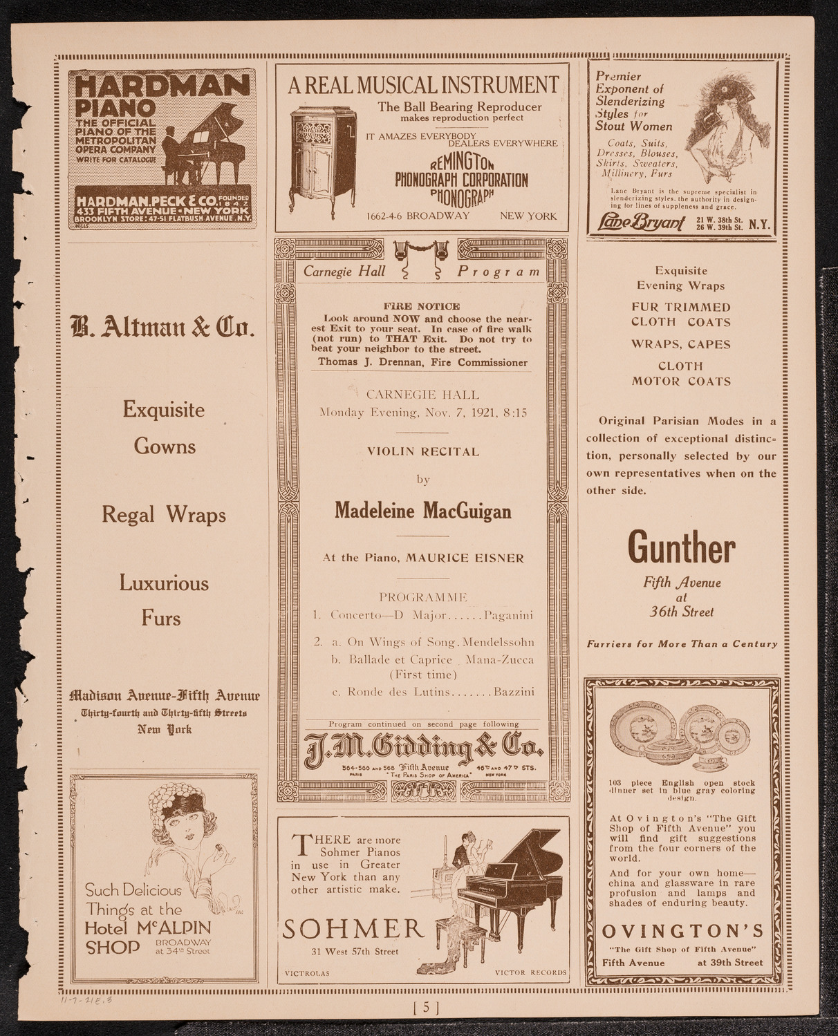 Madeleine MacGuigan, Violin, November 7, 1921, program page 5