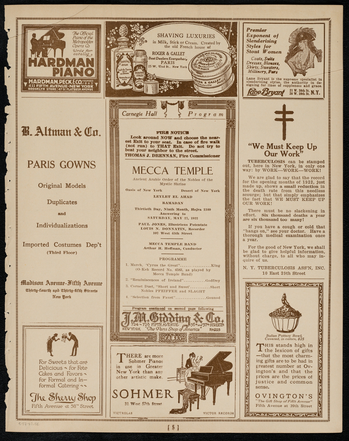 Mecca Temple of New York: Ancient Arabic Order of the Nobles of the Mystic Shrine, May 27, 1922, program page 5