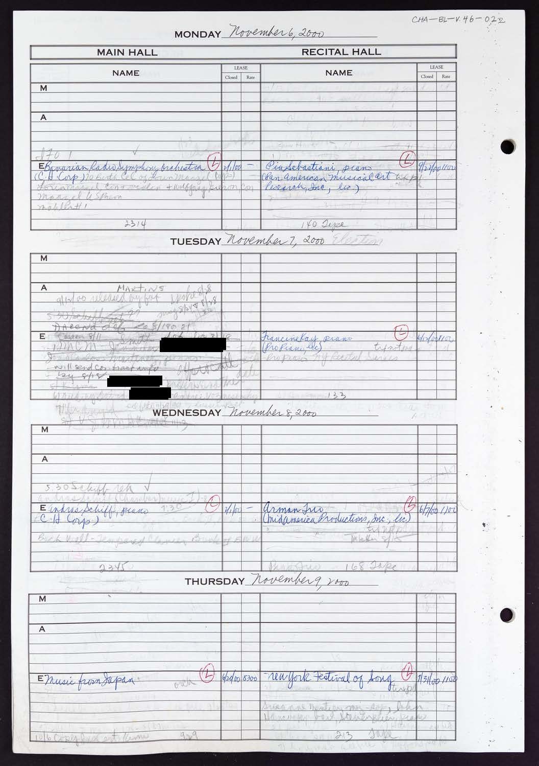 Carnegie Hall Booking Ledger, volume 46, page 22