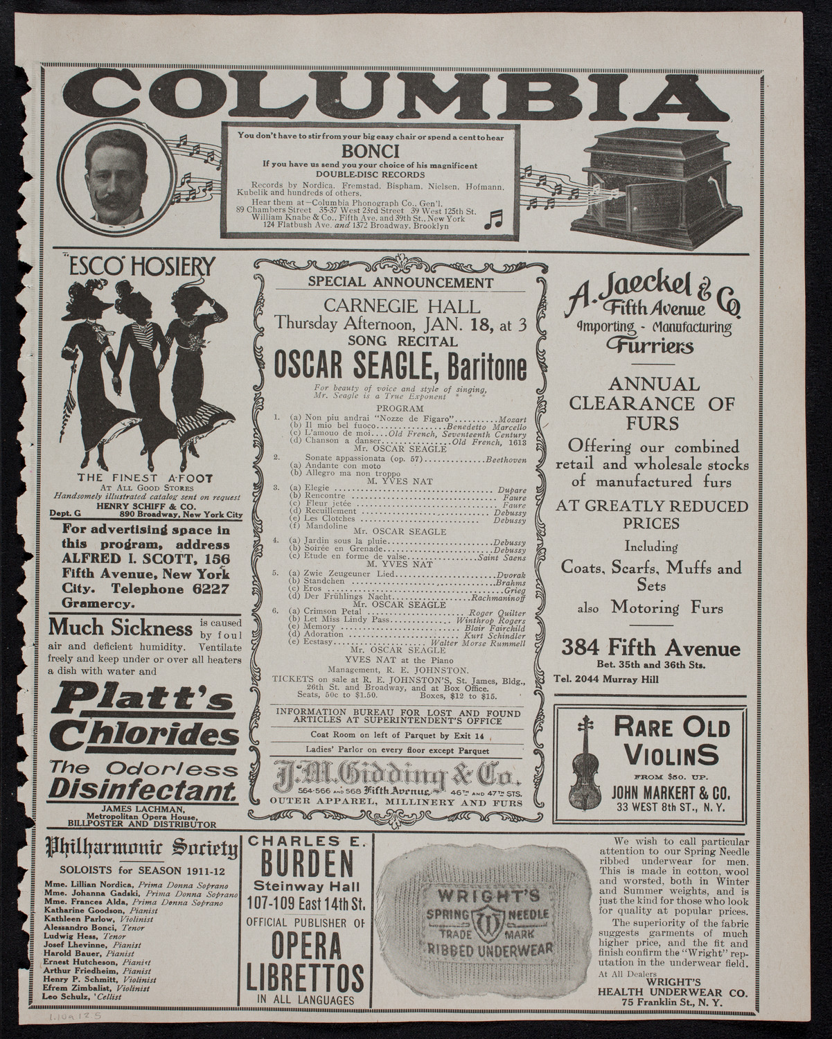 Alessandro Bonci, Tenor, January 10, 1912, program page 9