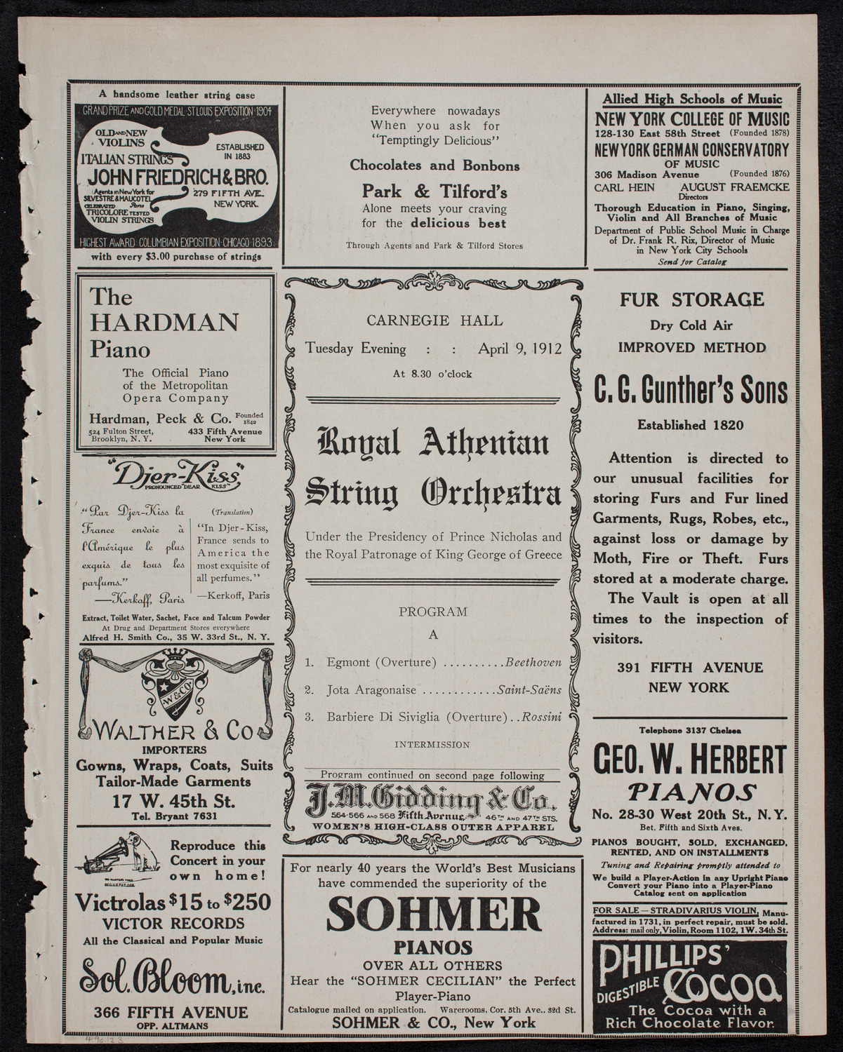 Royal Athenian String Orchestra, April 9, 1912, program page 5