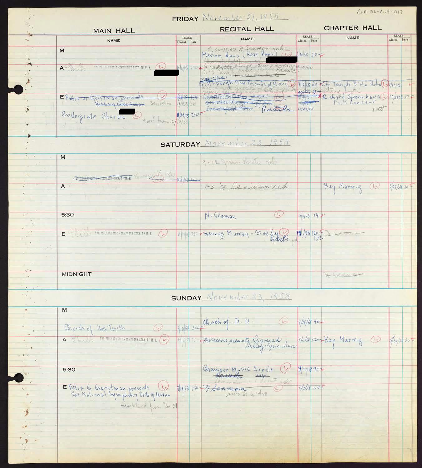 Carnegie Hall Booking Ledger, volume 4, page 17