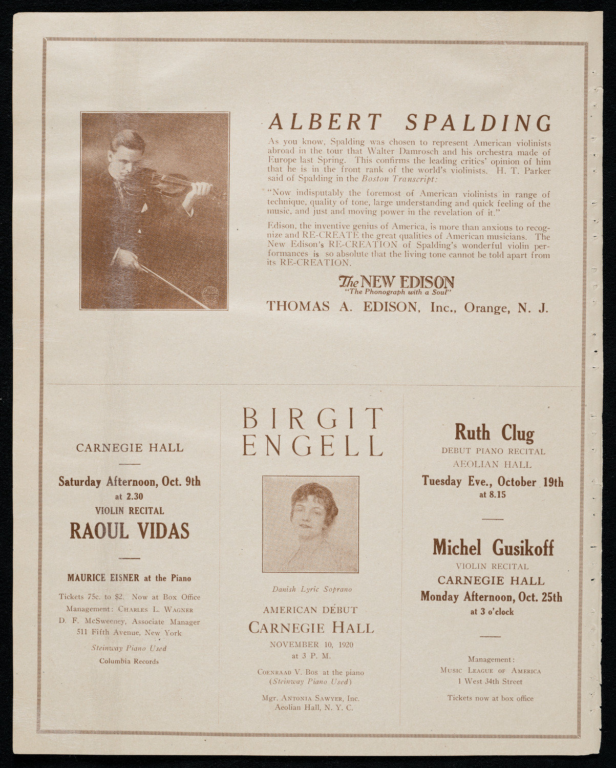 Mishel Piastro, Violin, October 3, 1920, program page 2