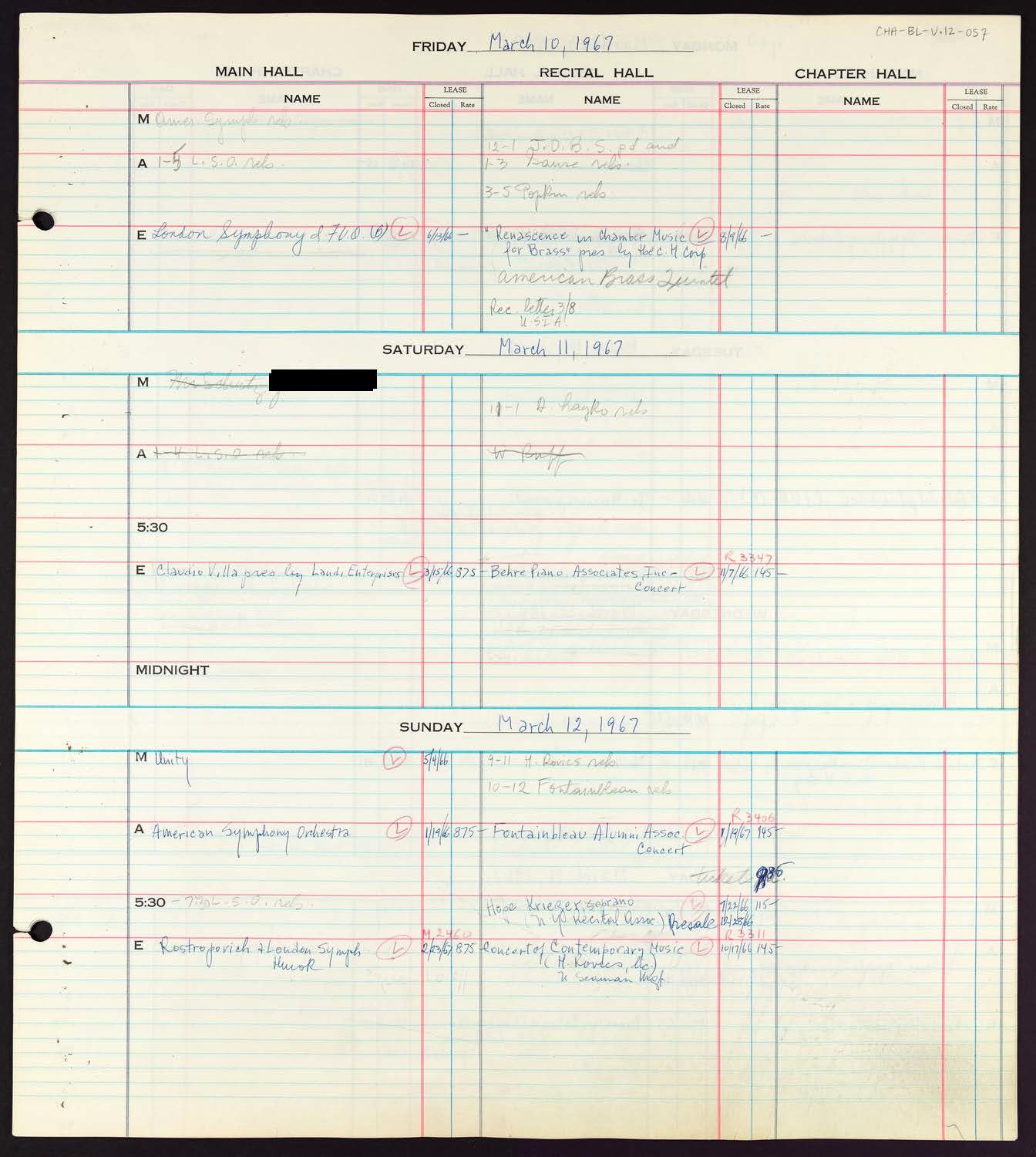 Carnegie Hall Booking Ledger, volume 12, page 57