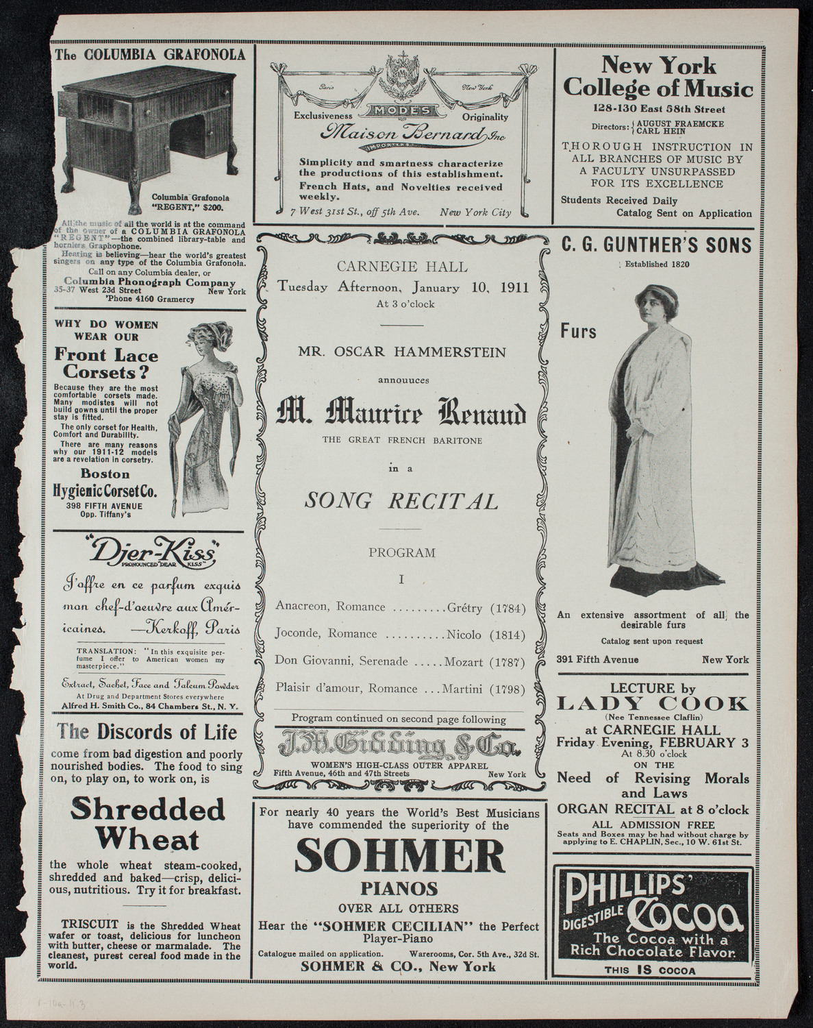 Maurice Renaud, Baritone, January 10, 1911, program page 5