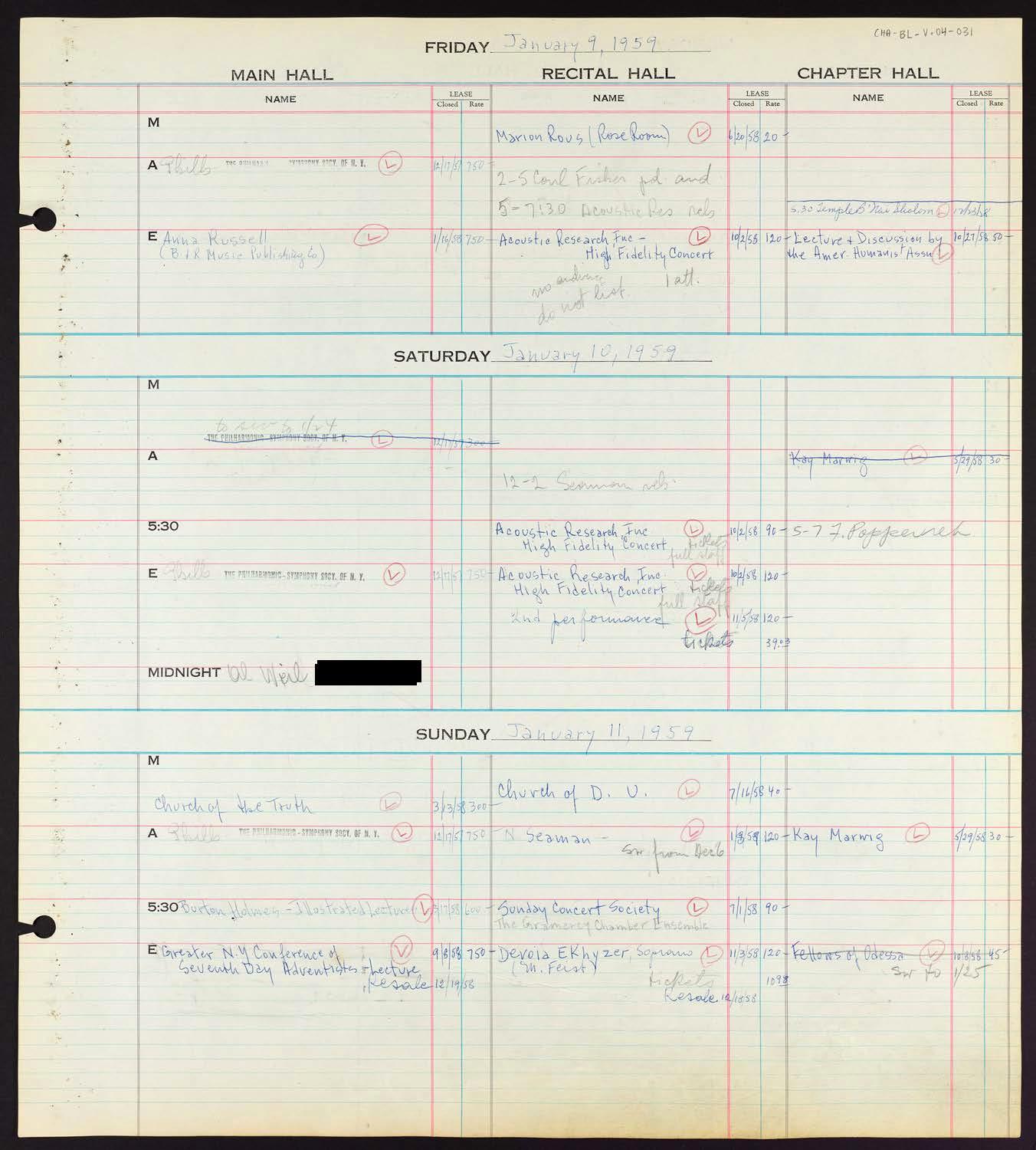 Carnegie Hall Booking Ledger, volume 4, page 31