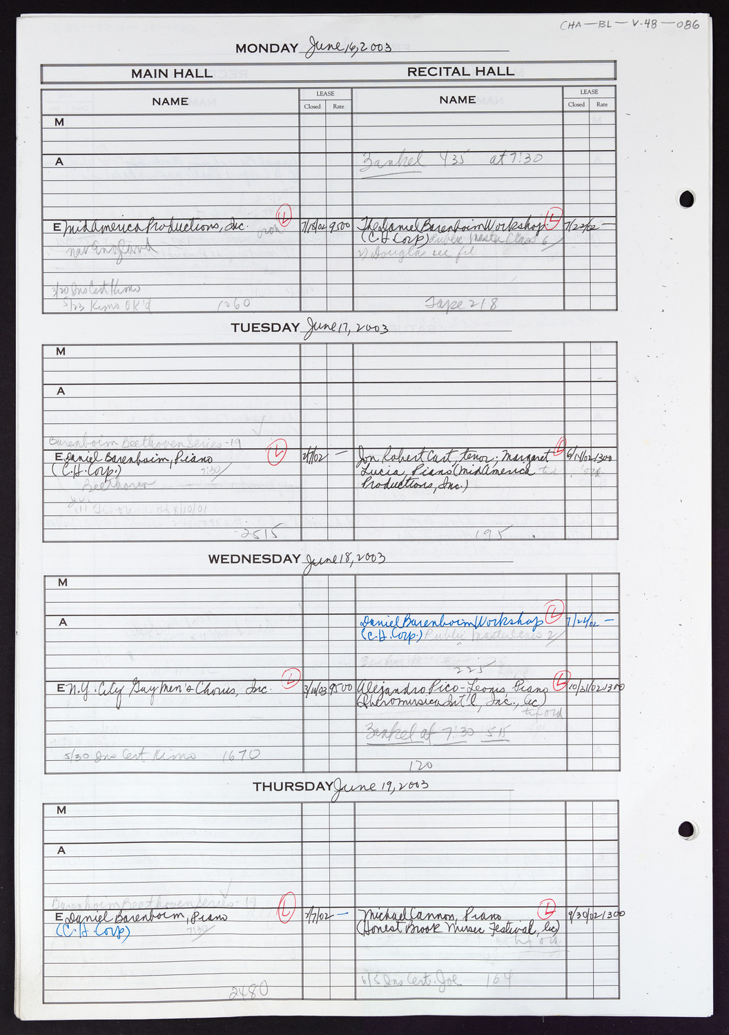 Carnegie Hall Booking Ledger, volume 48, page 86