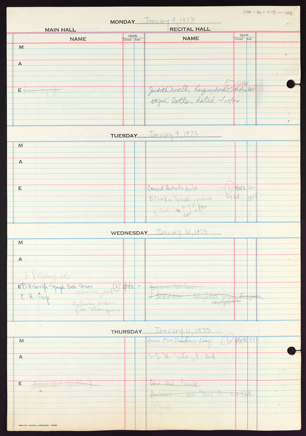 Carnegie Hall Booking Ledger, volume 18, page 38