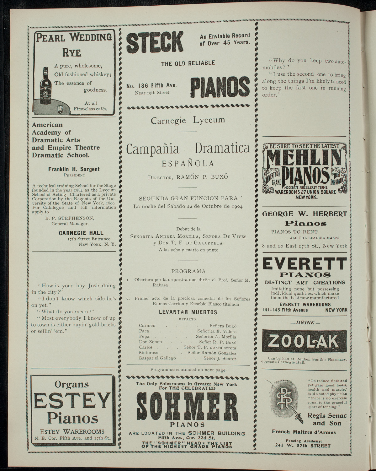 Compañia Dramatica Española, October 22, 1904, program page 2