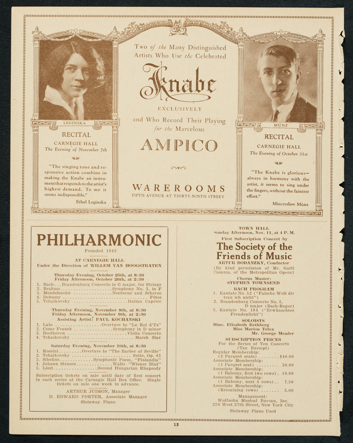 Society of the Friends of Music, October 15, 1923, program page 12