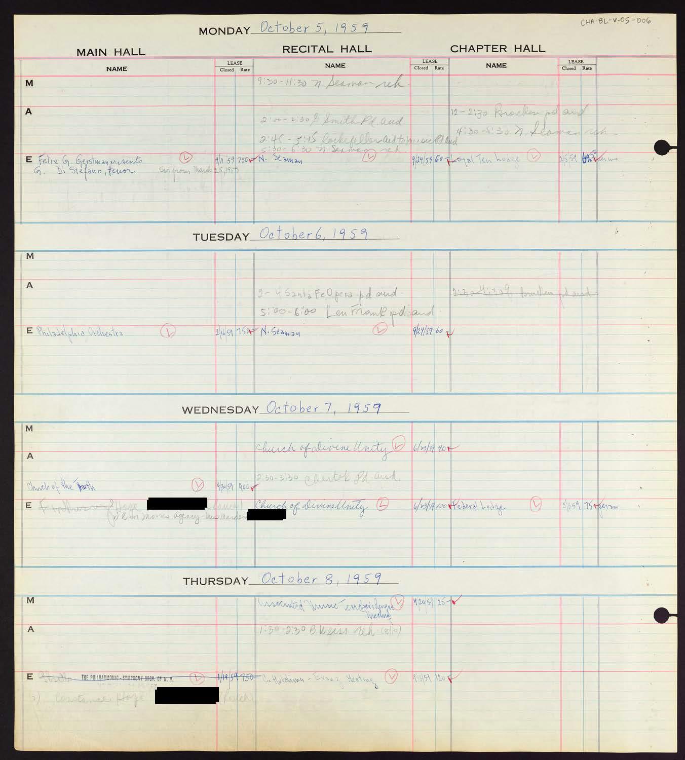 Carnegie Hall Booking Ledger, volume 5, page 6