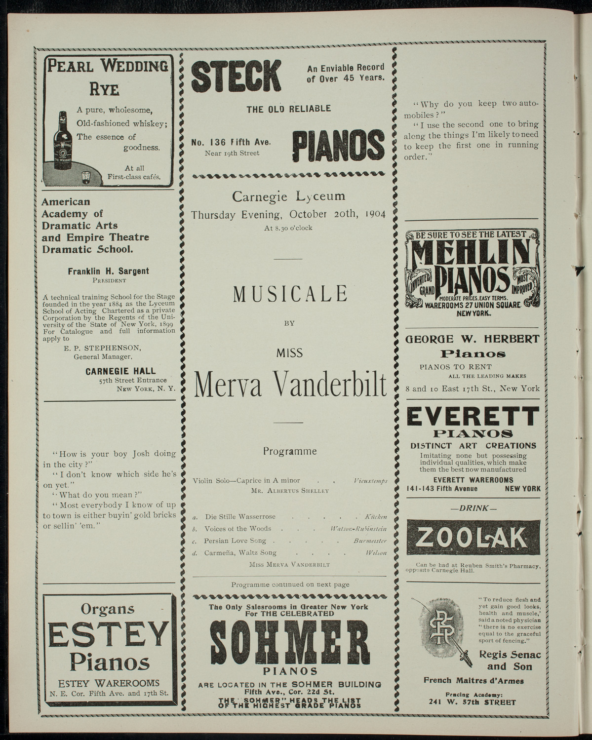 Merva Vanderbilt with Albertus Shelley, October 20, 1904, program page 2