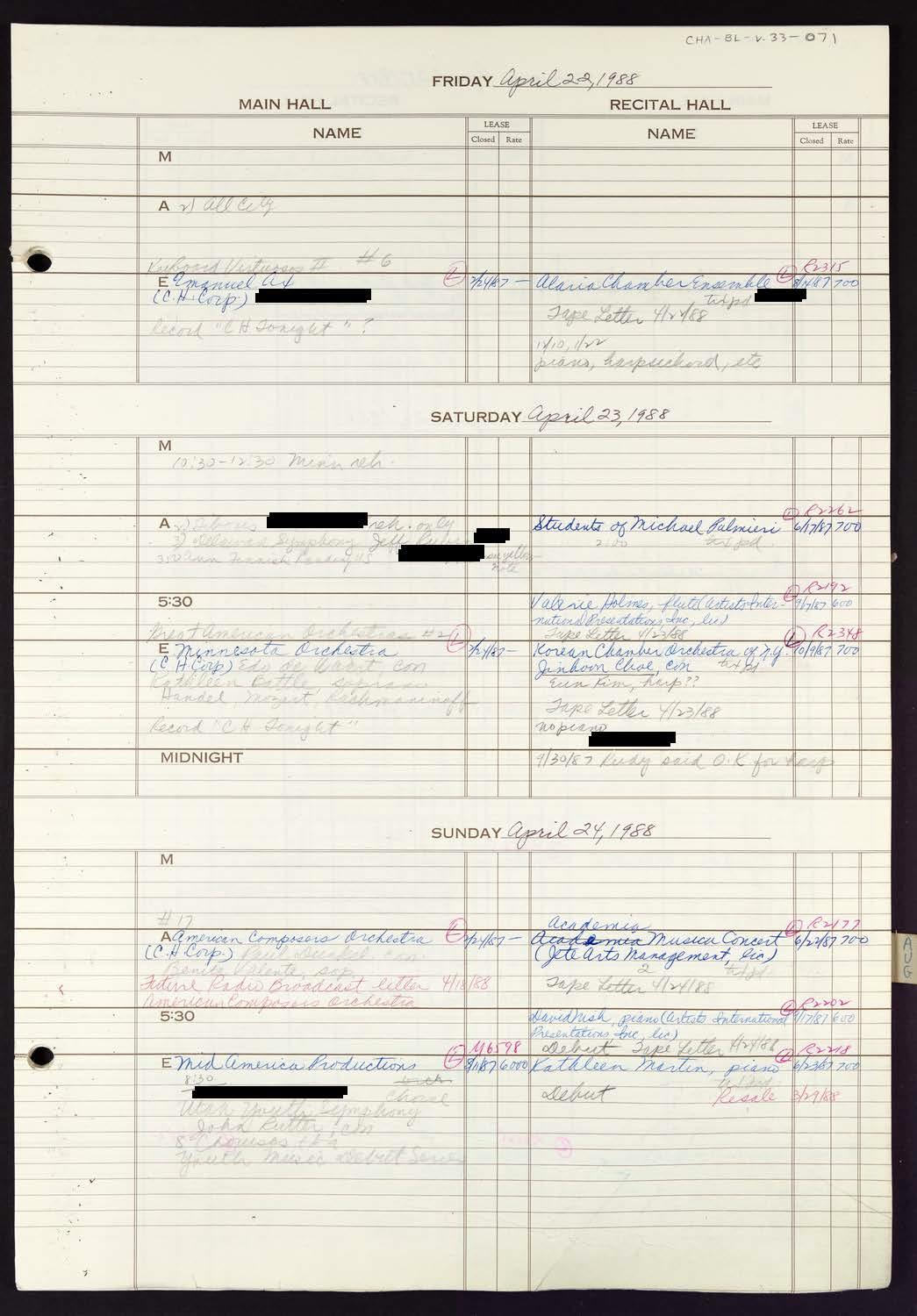 Carnegie Hall Booking Ledger, volume 33, page 71