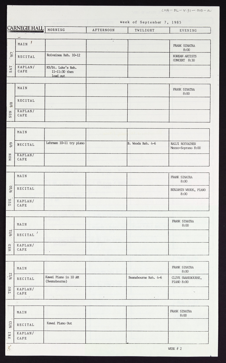 Carnegie Hall Booking Ledger, volume 31, page 3a