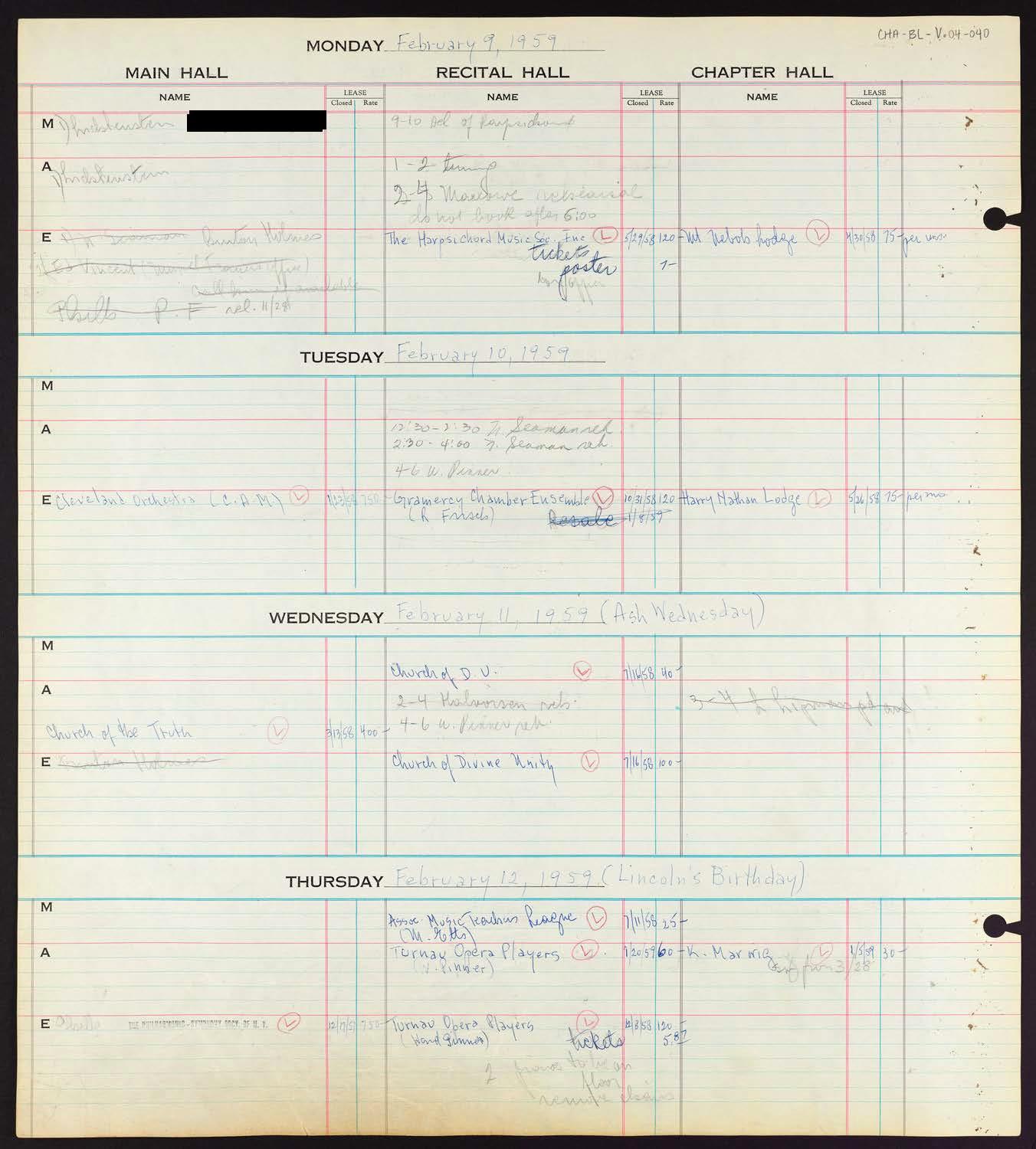 Carnegie Hall Booking Ledger, volume 4, page 40