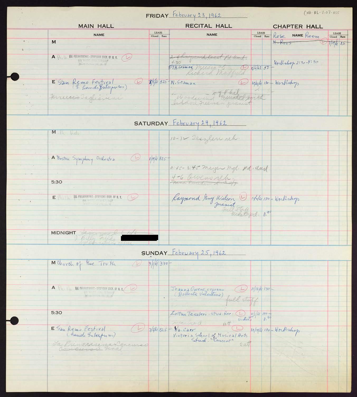 Carnegie Hall Booking Ledger, volume 7, page 55