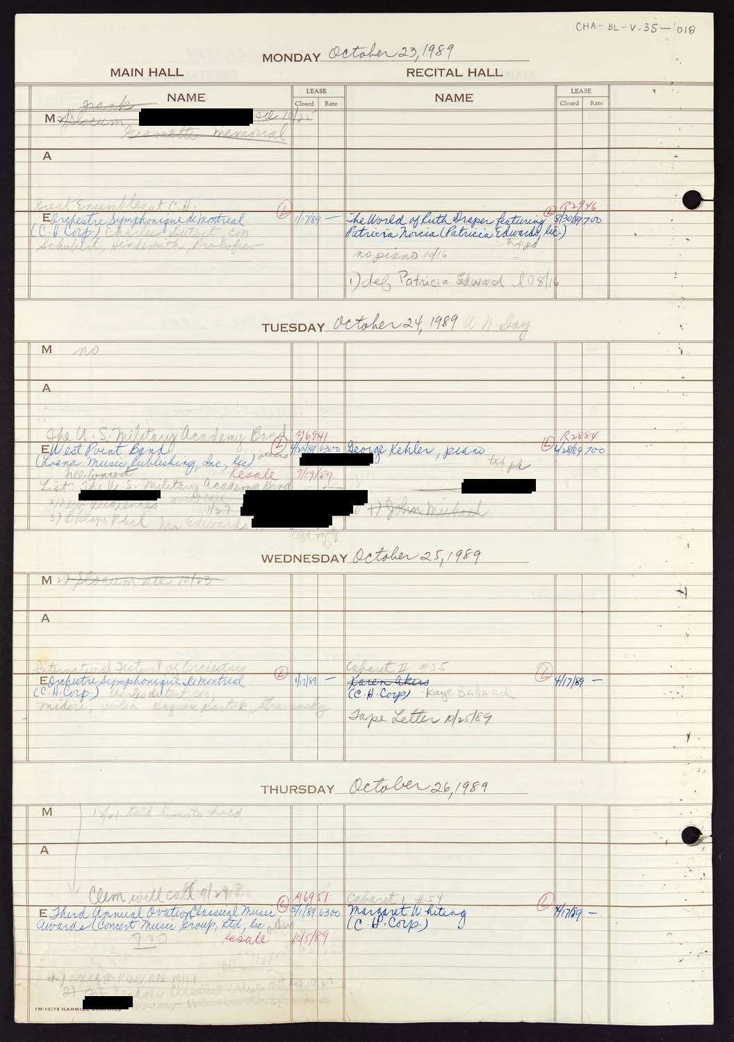 Carnegie Hall Booking Ledger, volume 35, page 18