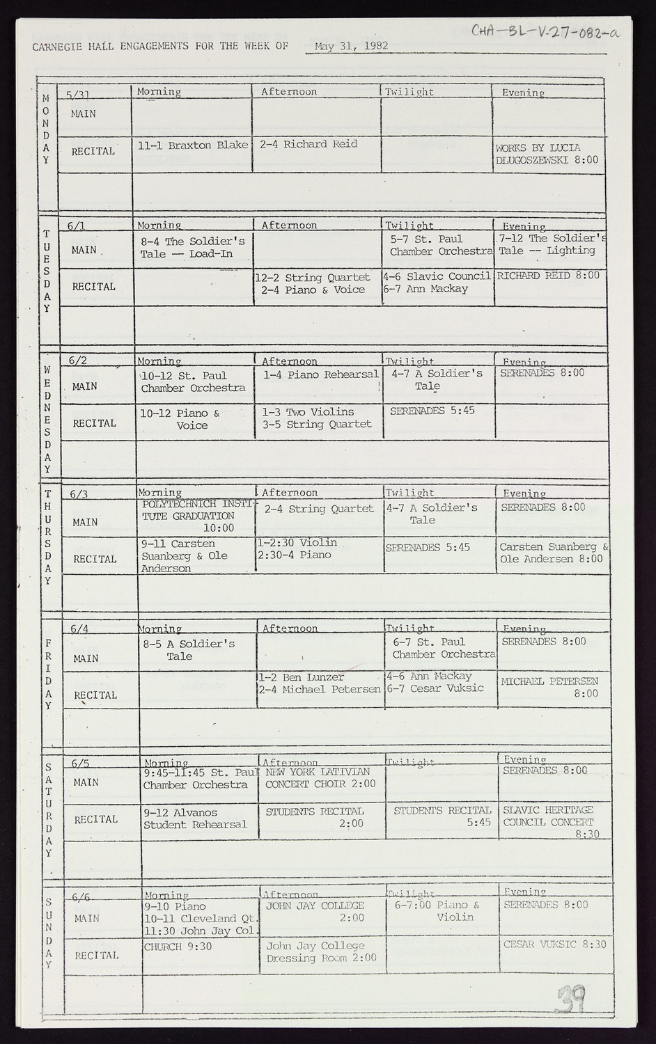 Carnegie Hall Booking Ledger, volume 27, page 82a