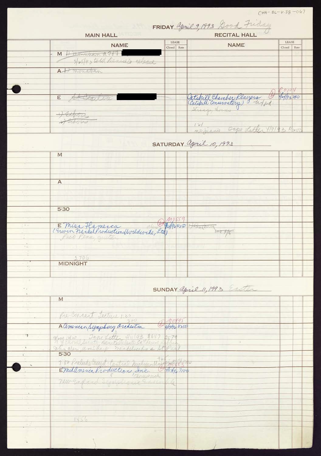 Carnegie Hall Booking Ledger, volume 38, page 67