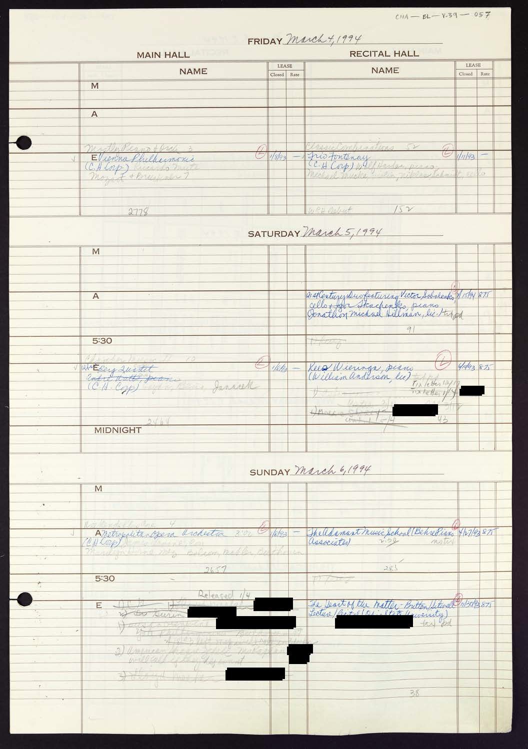 Carnegie Hall Booking Ledger, volume 39, page 57