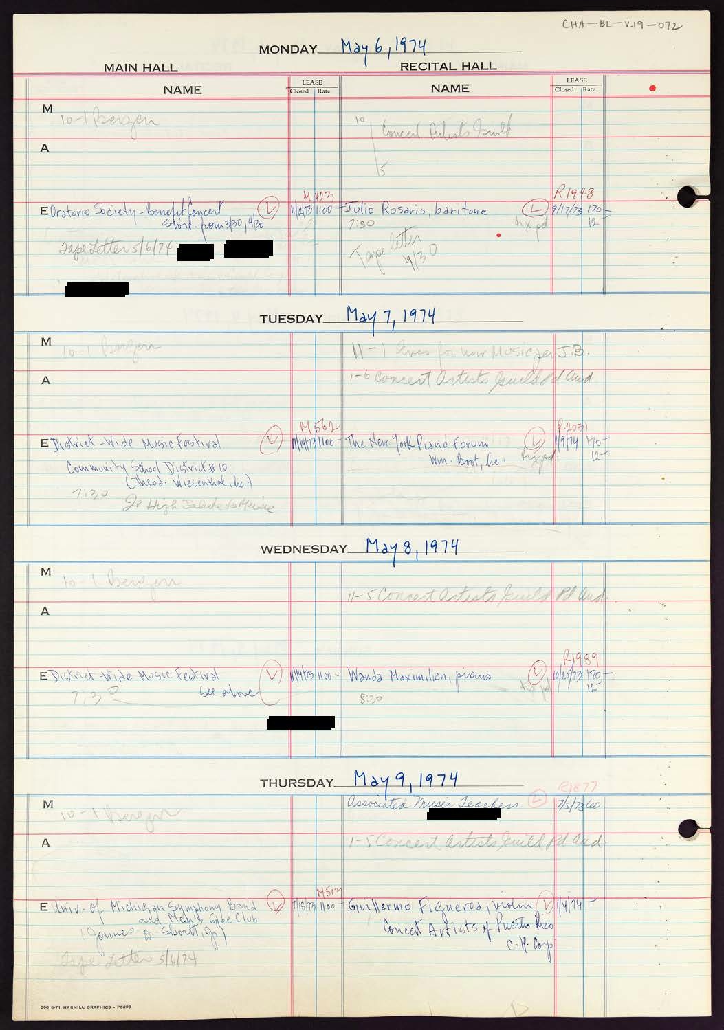 Carnegie Hall Booking Ledger, volume 19, page 72