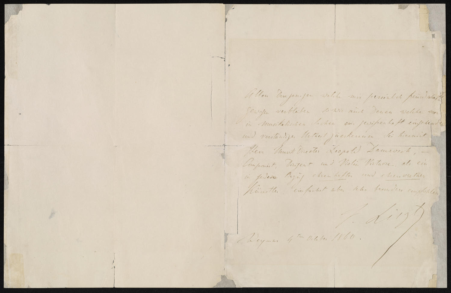 Franz Liszt letter for Leopold Damrosch, October 4, 1860