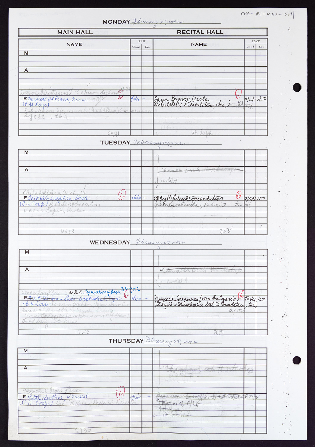 Carnegie Hall Booking Ledger, volume 47, page 54